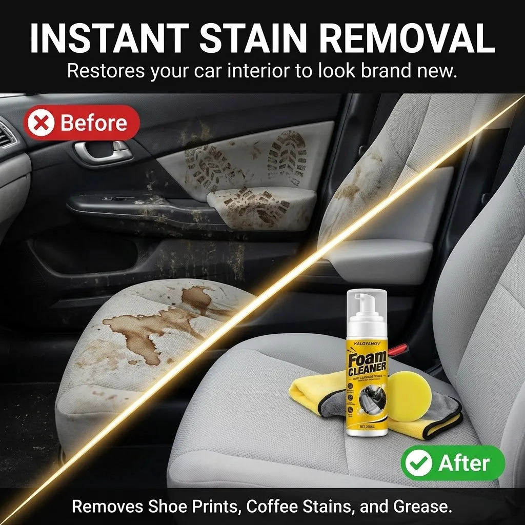 KALOYANOV 200ml Car Foam Cleaner Multi-Surface Auto Interior Dirt Grease Stain Remover Spray for Leather Seats & Dashboard