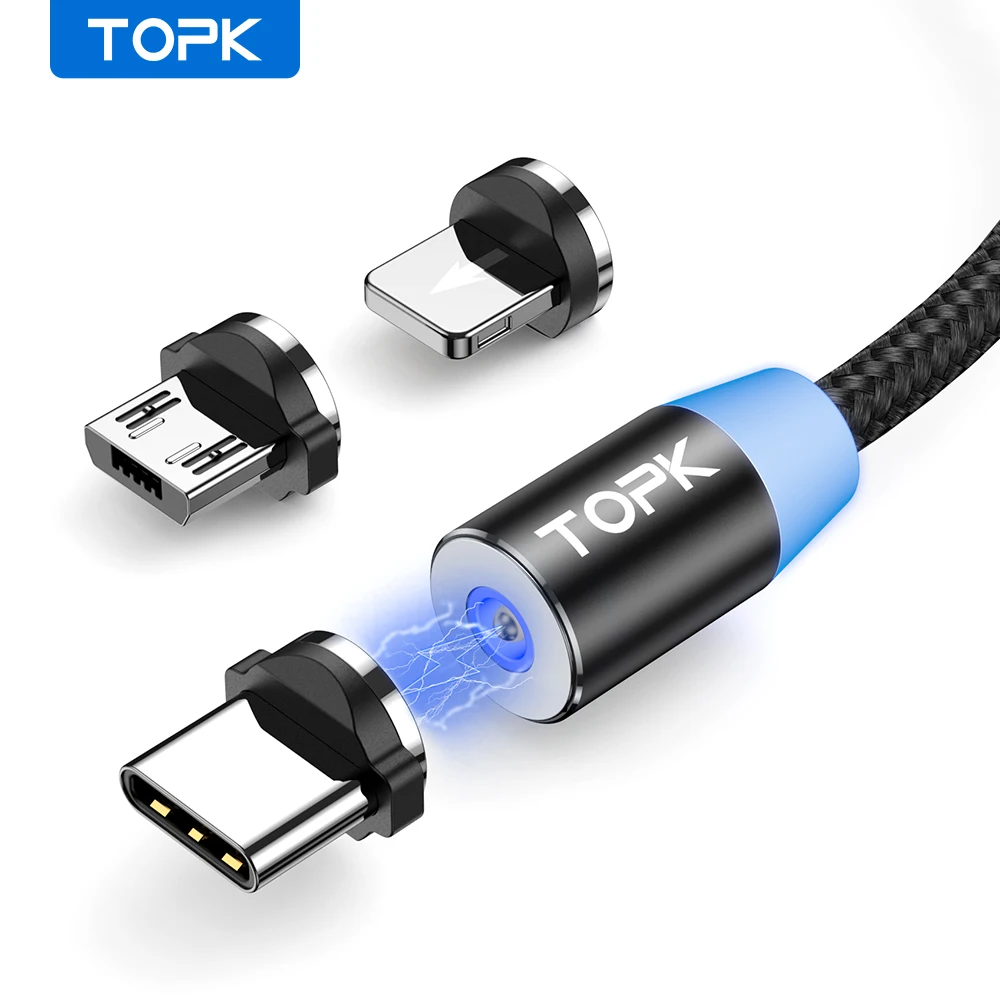 TOPK-Câble de charge magnétique 3 en 1, câble de chargeur de téléphone magnétique rotatif, câble micro USB C, nylon tressé, résistant à 360