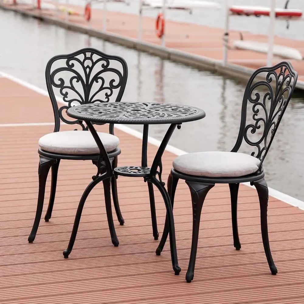 

Patio Bistro Set 3 Piece with Cushions, All Weather Bistro Table and Chairs Set o 2 with Umbrella Hole, Outdoor Bistro Set, Cast