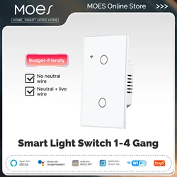 Tuya WiFi Smart Light Switch Glass Touch Control Fireproof No Neutral Wire Required Remote Control Work With Alexa Google Home