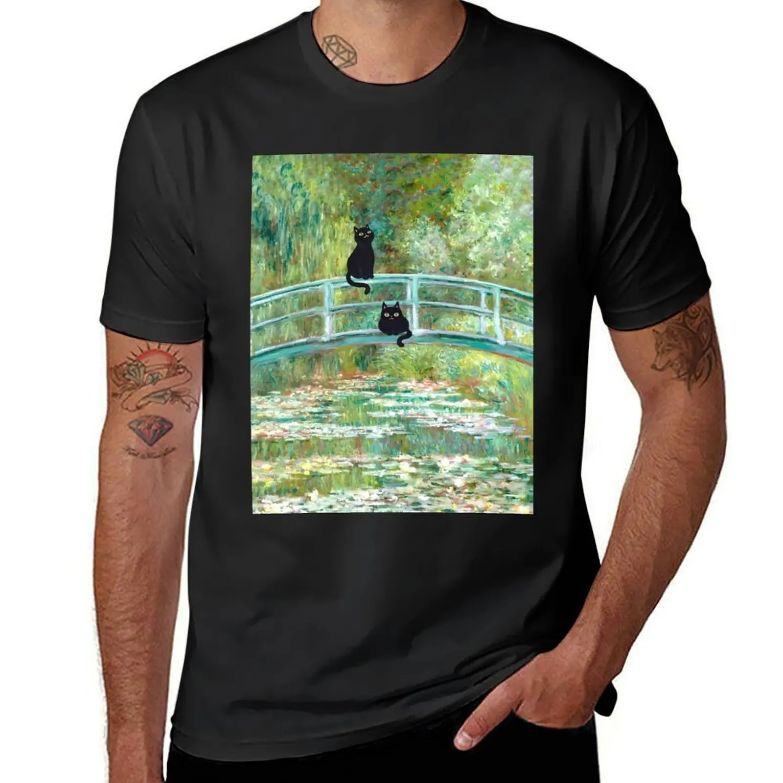 Monet's The Water Lily Pond Bridge with the Cats T-Shirt korean fashion tops quick-drying Men's cotton t-shirt