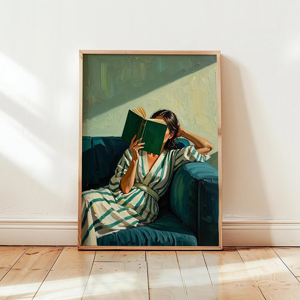Emerald Green Reading Woman Wall Art Minimalist Abstract Portrait Cozy Contemporary Print For Modern Living Room Decor For Book