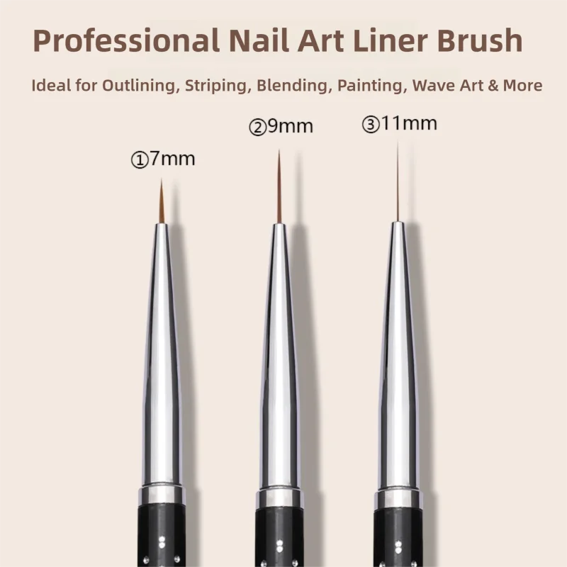 3Pcs Nail Art Liner Brush Set 7mm/9mm/11mm UV Gel Painting Fine Detail Striping Metal Rhinestone Handle French Tip Salon DIY
