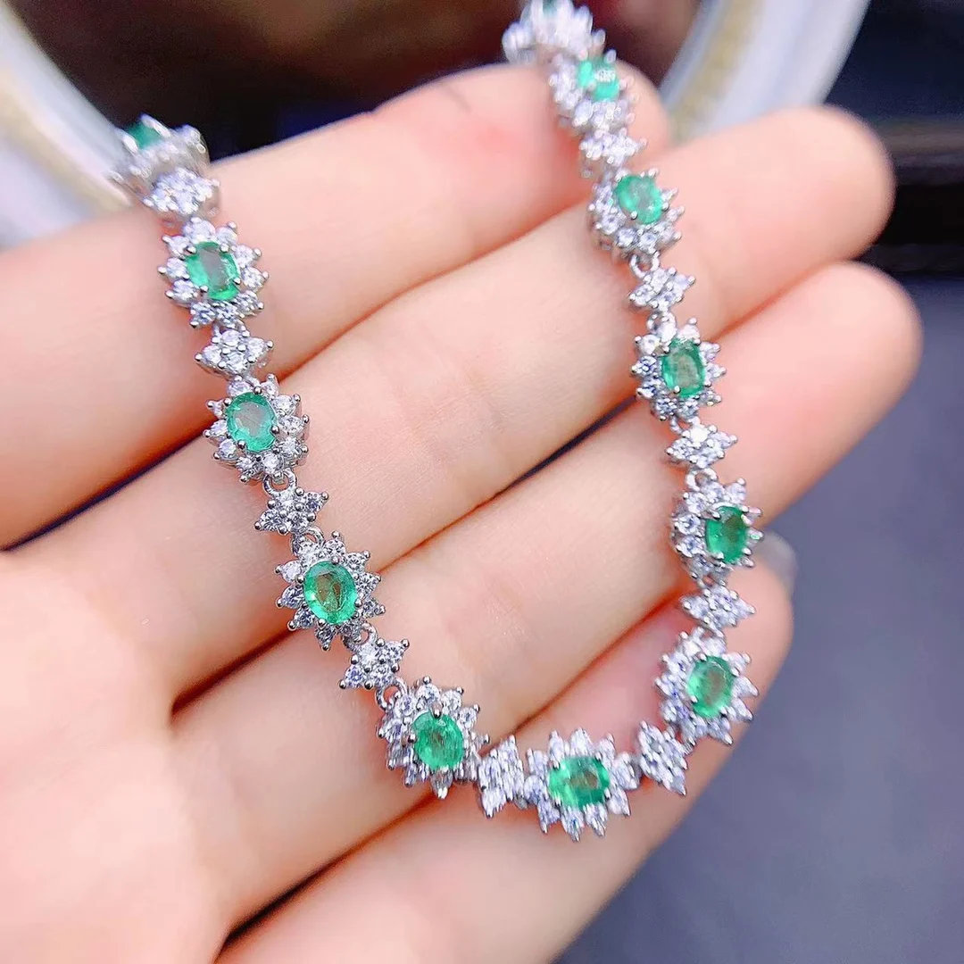 FS 3*4 Natural Emerald Flower Pattern Bracelet S925 Sterling Silver Fine Fashion Charm Weddings Jewelry for Women MeiBaPJ