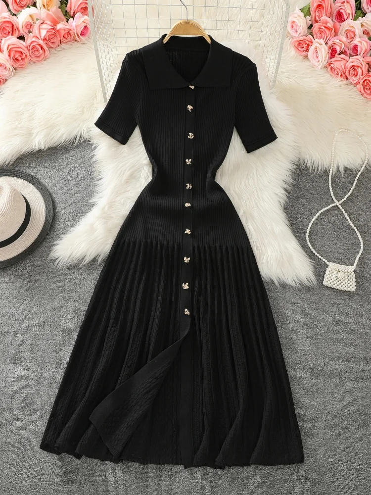 Summer 2024 New Women's Black Beige Single Breasted Knitted Long Dress Green Elegant Office Lady Short Sleeve Pleated Dress Chic