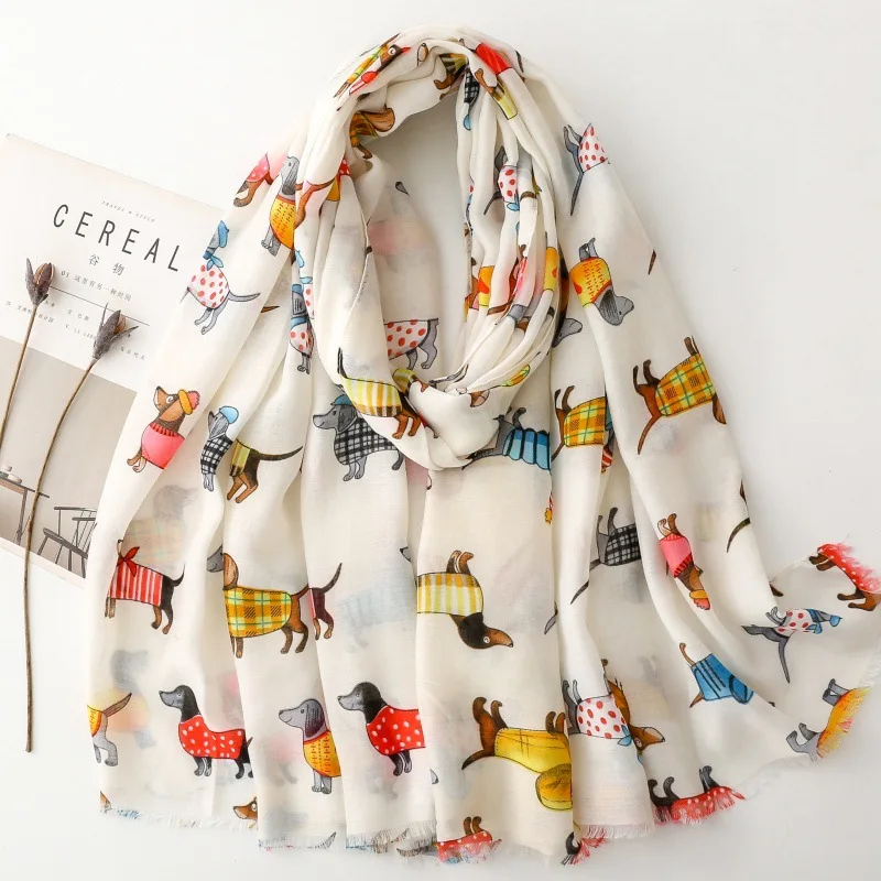 Cozy Dachshund Dog Cat Pattern Viscose Shawl for Women - 180x90Cm Fringe Detail Breathable Thin Wrap Scarves Autumn/Winter Snood image 2