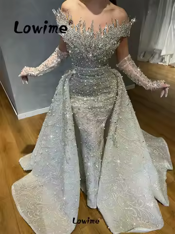 Silver Off The Shoulder Prom Dress Aso Ebi Mermaid 2 In 1 Party Second Reception Engagement Gown Arabic Evening Dress Customized
