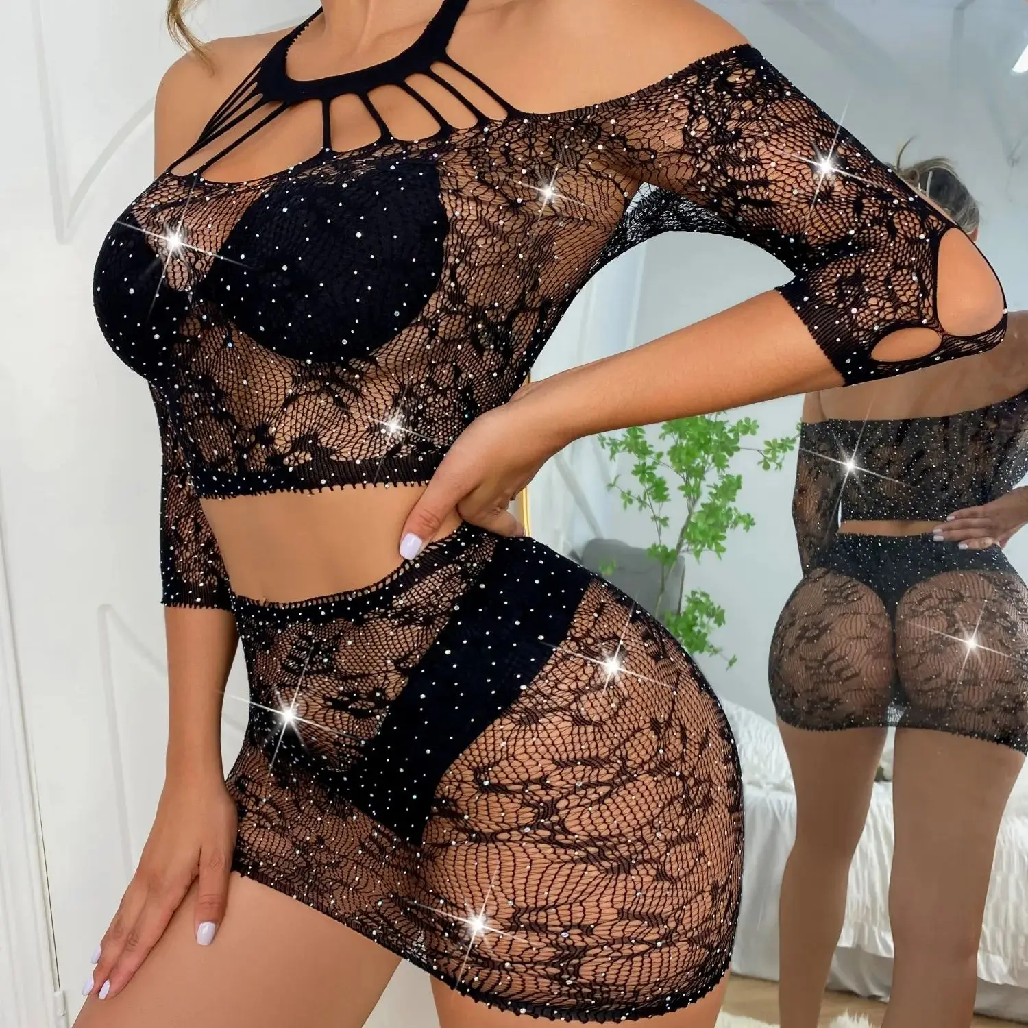 

Sexy Rhinestone Fishnet Lingeire Crystal Bodycon Dresses 2 Piece Crystal Dress Bodystocking