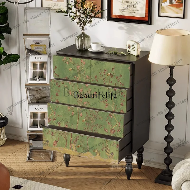 JJ -Medieval green decorative cabinet living room multi-layer drawer bedroom large capacity solid wood tall cabinet