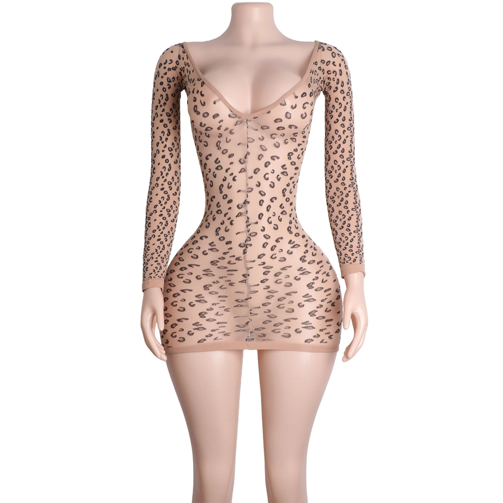 エキゾチックダンスウェア レオパード柄 ボディスーツ ディープVネック 長袖 クラブ パフォーマンス衣装 ストリッパー コスチューム タイトジャンプスーツ