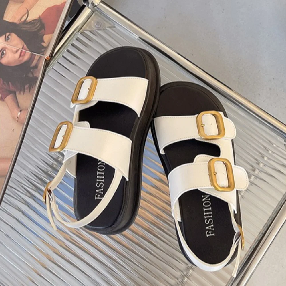 

Sponge Cake Thick Soled Casual Sandals for Women 2026 Summer New Fashionable Double Row Metal Buckle Roman Sandals for Women