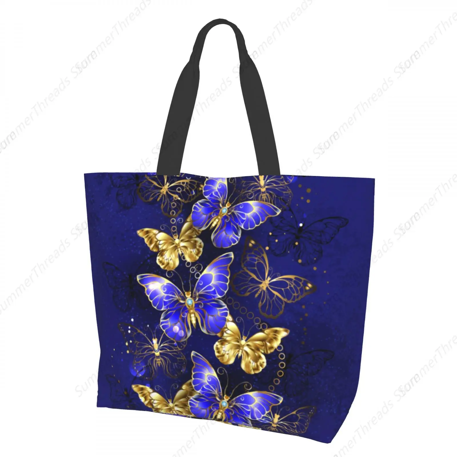 

Blue & Gold Butterflies Tote Bag for Women Large Print Bags Portable Beach Bag Reusable Grocery Bags Waterproof
