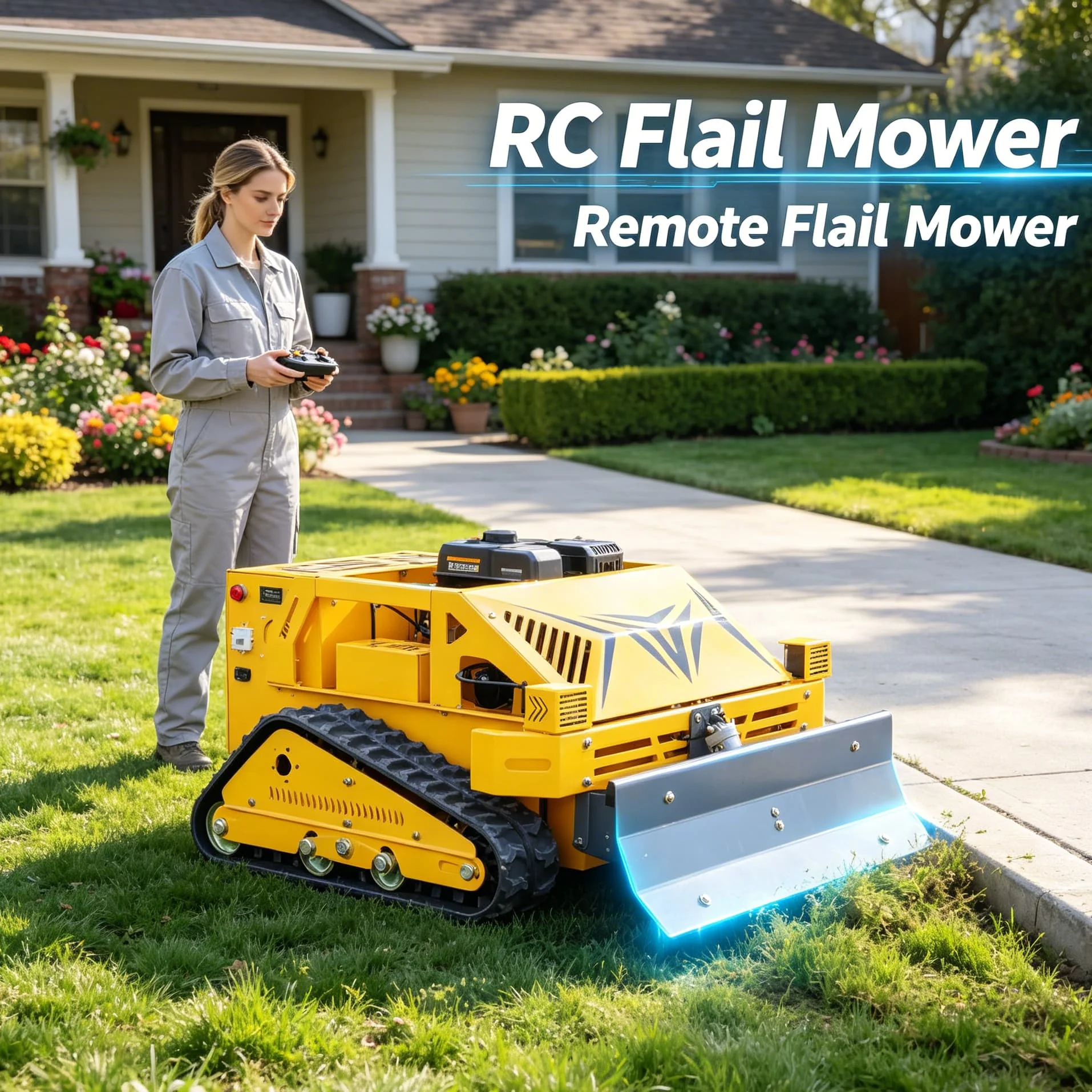 Customized Remote rc Self-propelled Flail Mower with shovel, Cordless Crawler Lawn Grass Cutter, Stable Petrol Cutting Tool