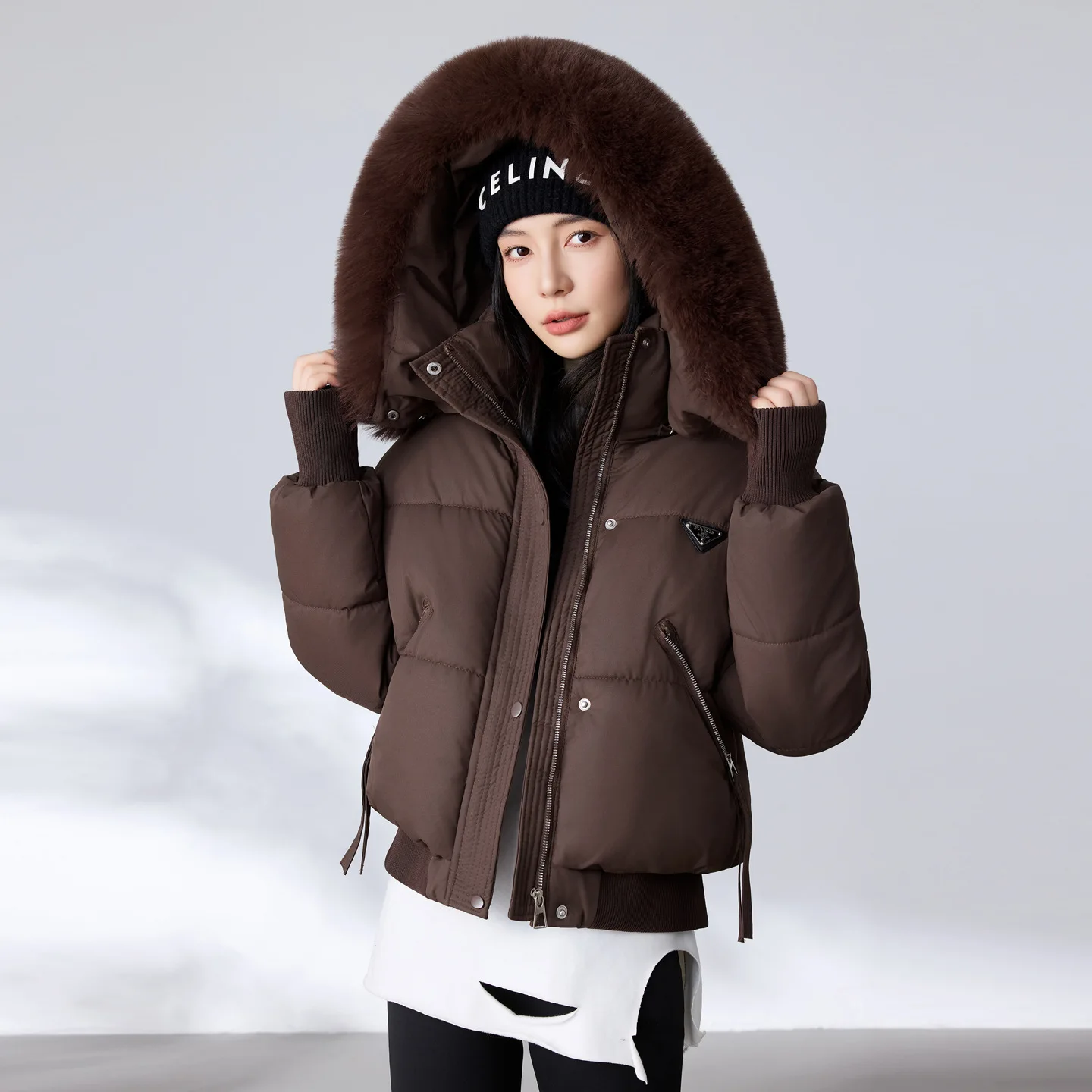 

2025 New Autumn Winter Warm Short Cotton Padded Jacket with Fur Hat Thick Cotton Coat Hooded Parker Female Outerwear Overcoat