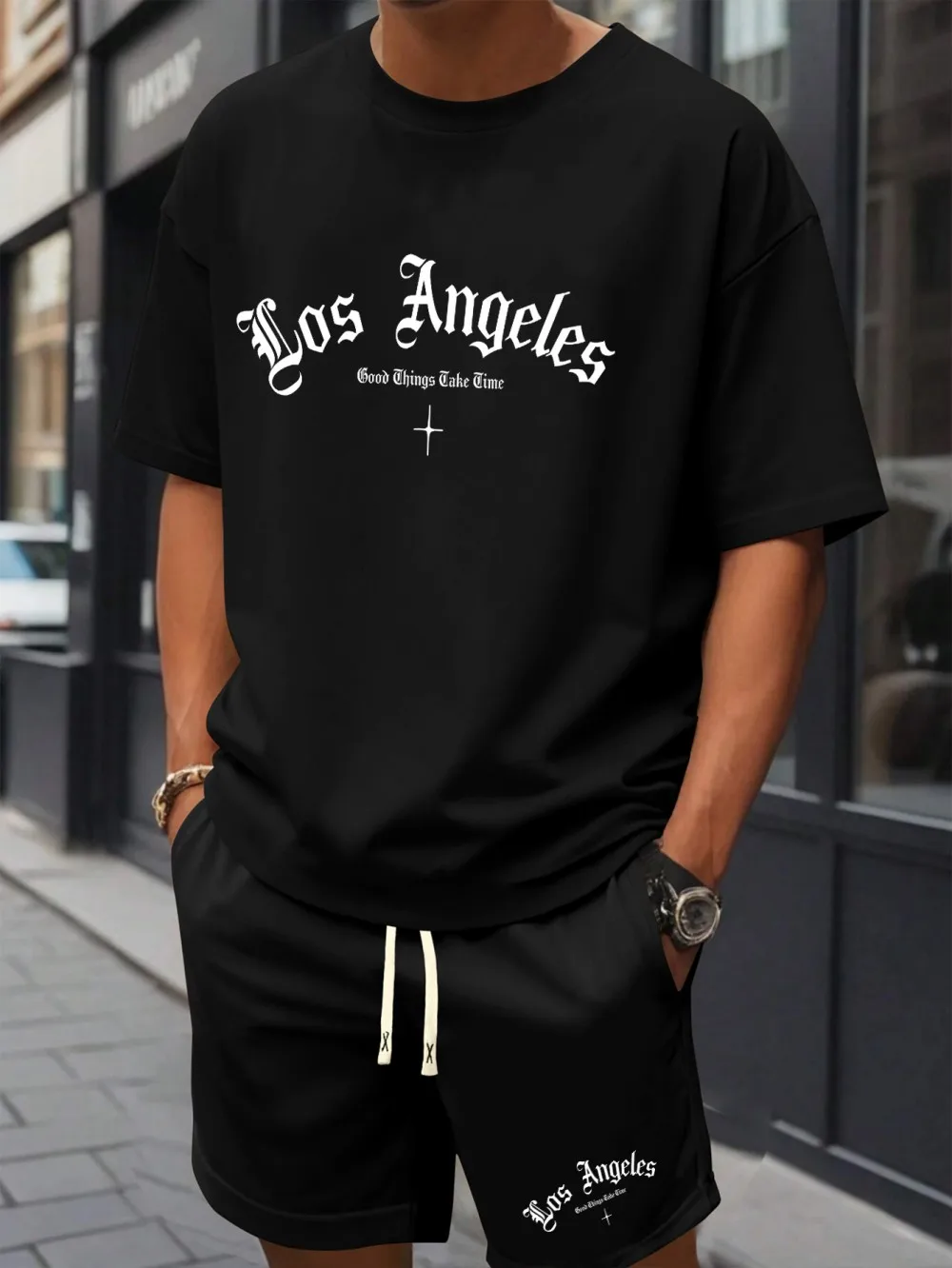 

Лето 2025 г., мужская модная готическая микроэластичная дышащая футболка с буквенным принтом, комплект с шортами и круглым вырезом, уличная повседневная одежда