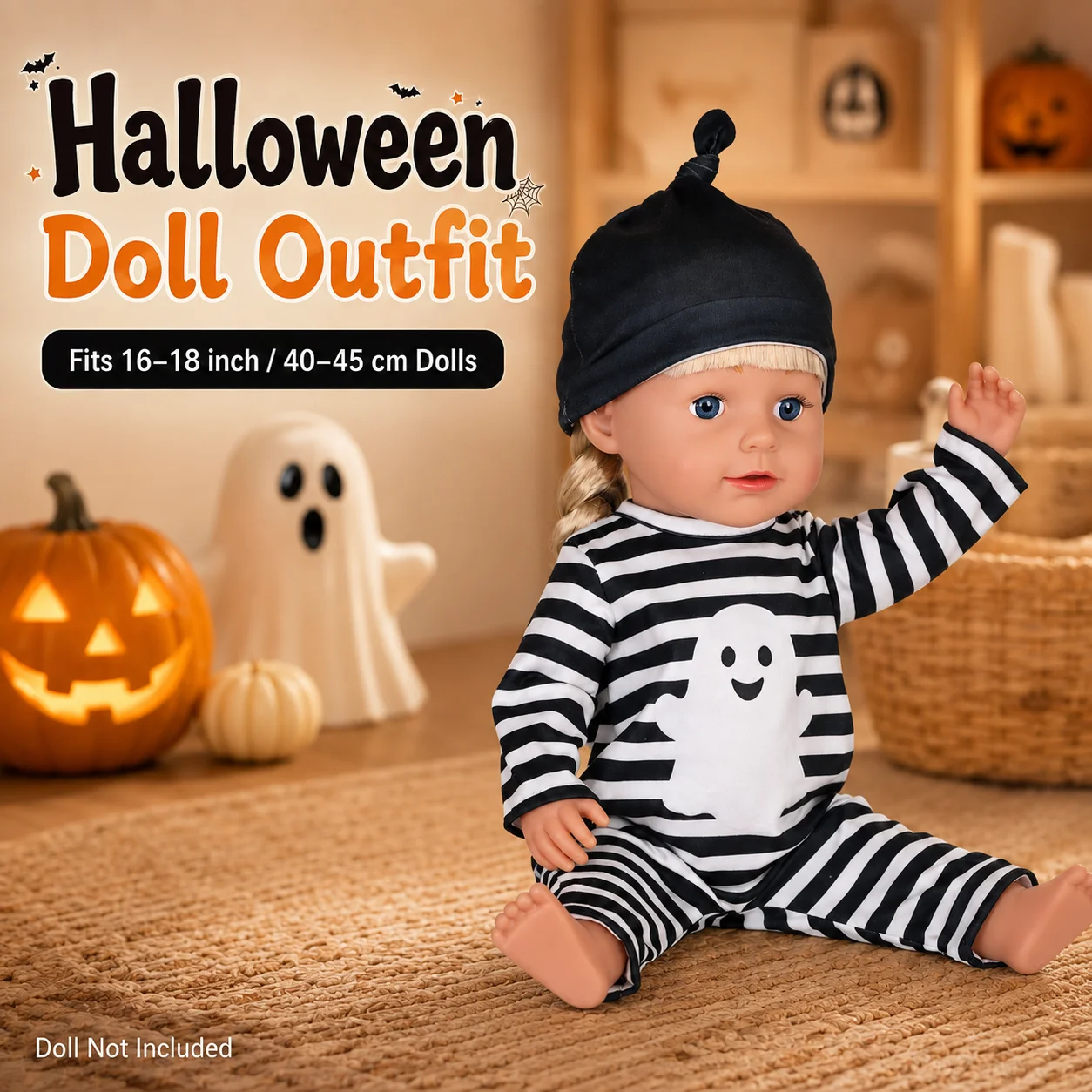 Halloween Doll Clothes for 16-18 Inch 40-45cm Reborn Baby Doll American Girl Doll Ghost Stripe Jumpsuit Hat Costume Outfit Set