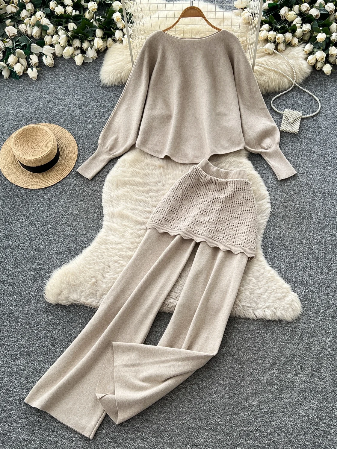 Ladies Knitted Two-Piece Set Casual Commute Style Loose Fit High Waist Wide Leg Pants Asymmetrical Top Autumn Fashion Ensemble