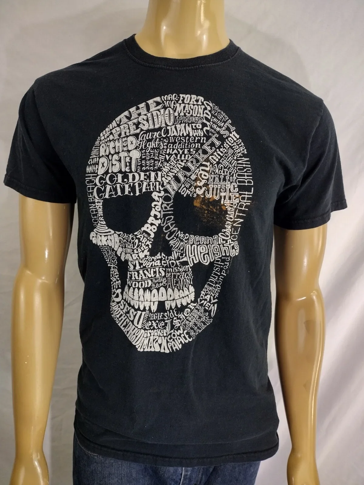 Camiseta SAN FRANCISCO negra vintage con estampado de calavera SF Neighborhoods SS de algodón para hombre talla mediana