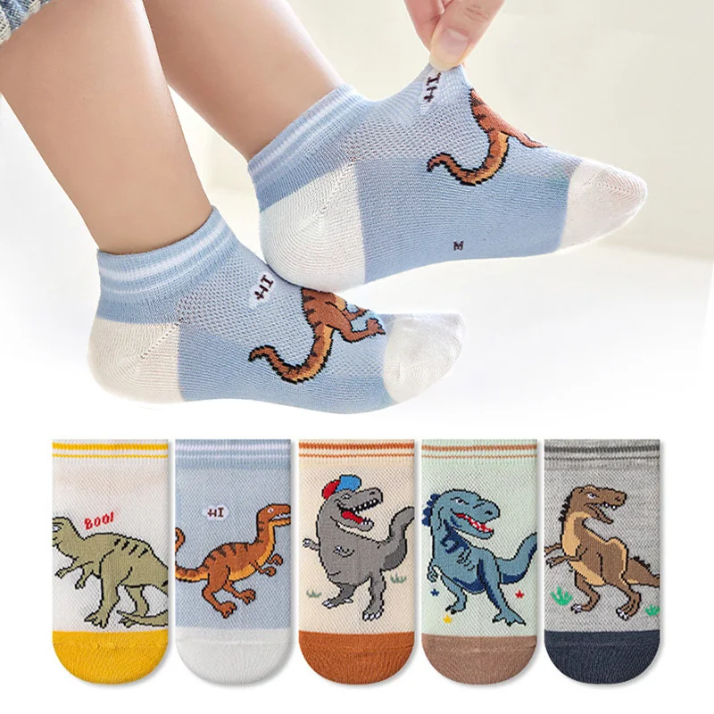 5 Pairs Boy\'s Dinosaur Pattern Socks Comfortable Breathable Casual Soft Kids Socks