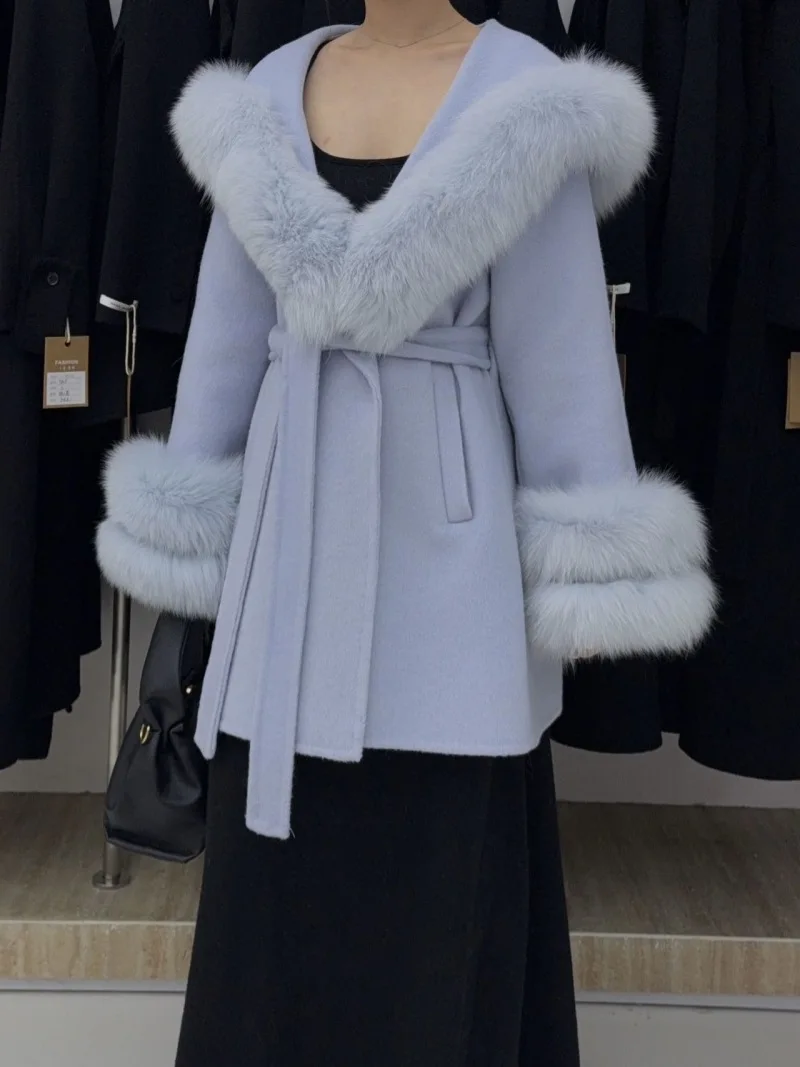 

Women's Autumn Winter Elegant Fox Fur Patchwork Loose Wool Coat Lady Streetwear Hooded Long Sleeve Warm Wool Outwear