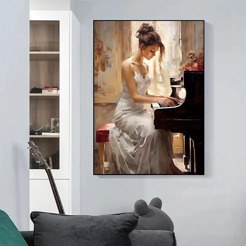 1pc Unframed Vintage Elegant Woman Piano Violin Oil Painting Print on Canvas Music Art Figure Posters and Prints for Living Room