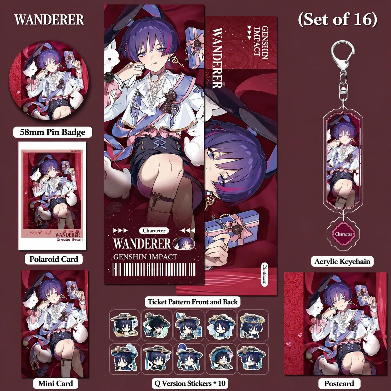16Pcs/Set Genshin Impact Skirk Wanderer Scaramouche Cute Badge Card Laser Ticket Keychain Set Gift For Anime Fans And Collectors