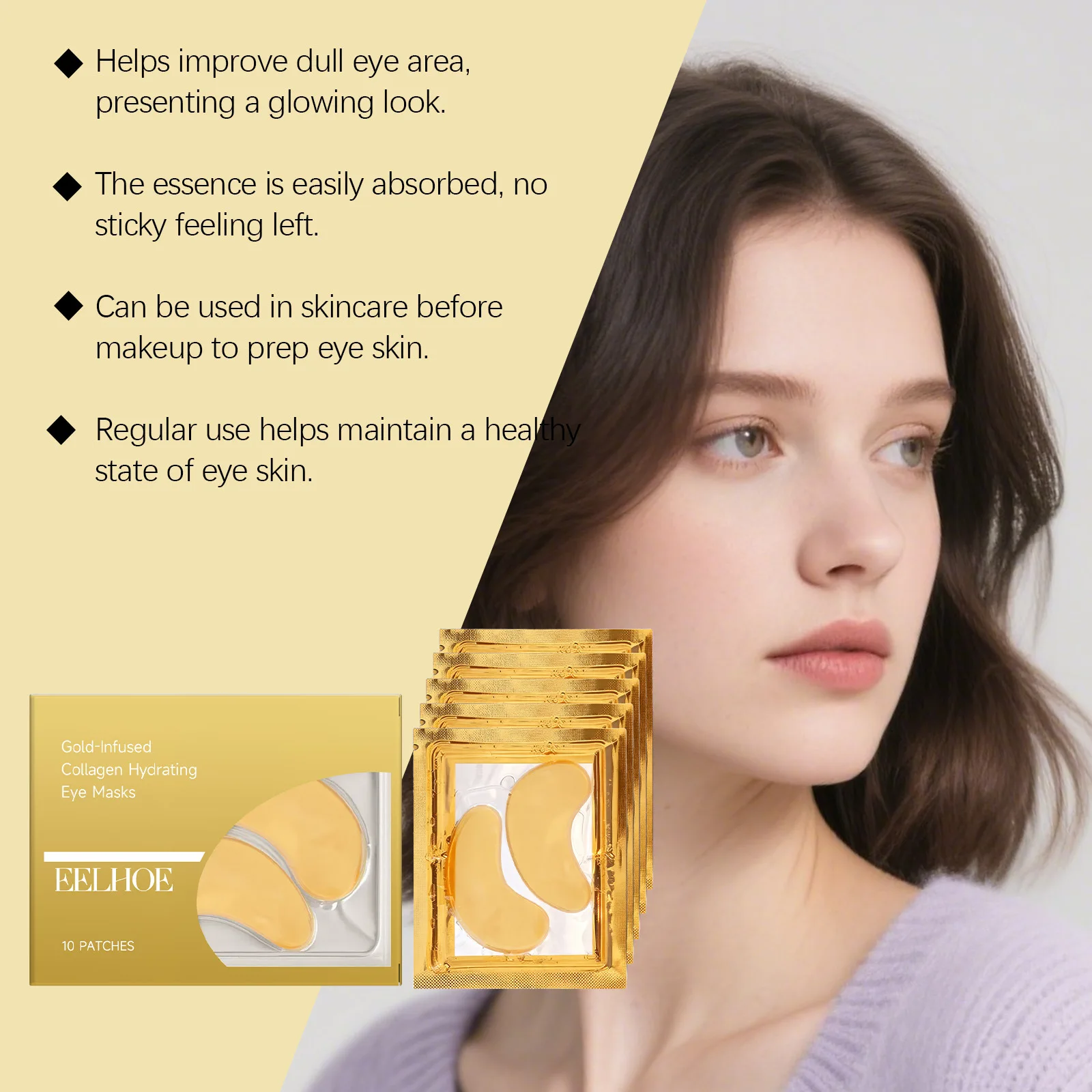 EELHOE Collagen Gold Eye Mask 10Pcs, Hydrating Moisturizing Under Eye Patch for Dark Circles Puffiness, Firming Eye Skin Care