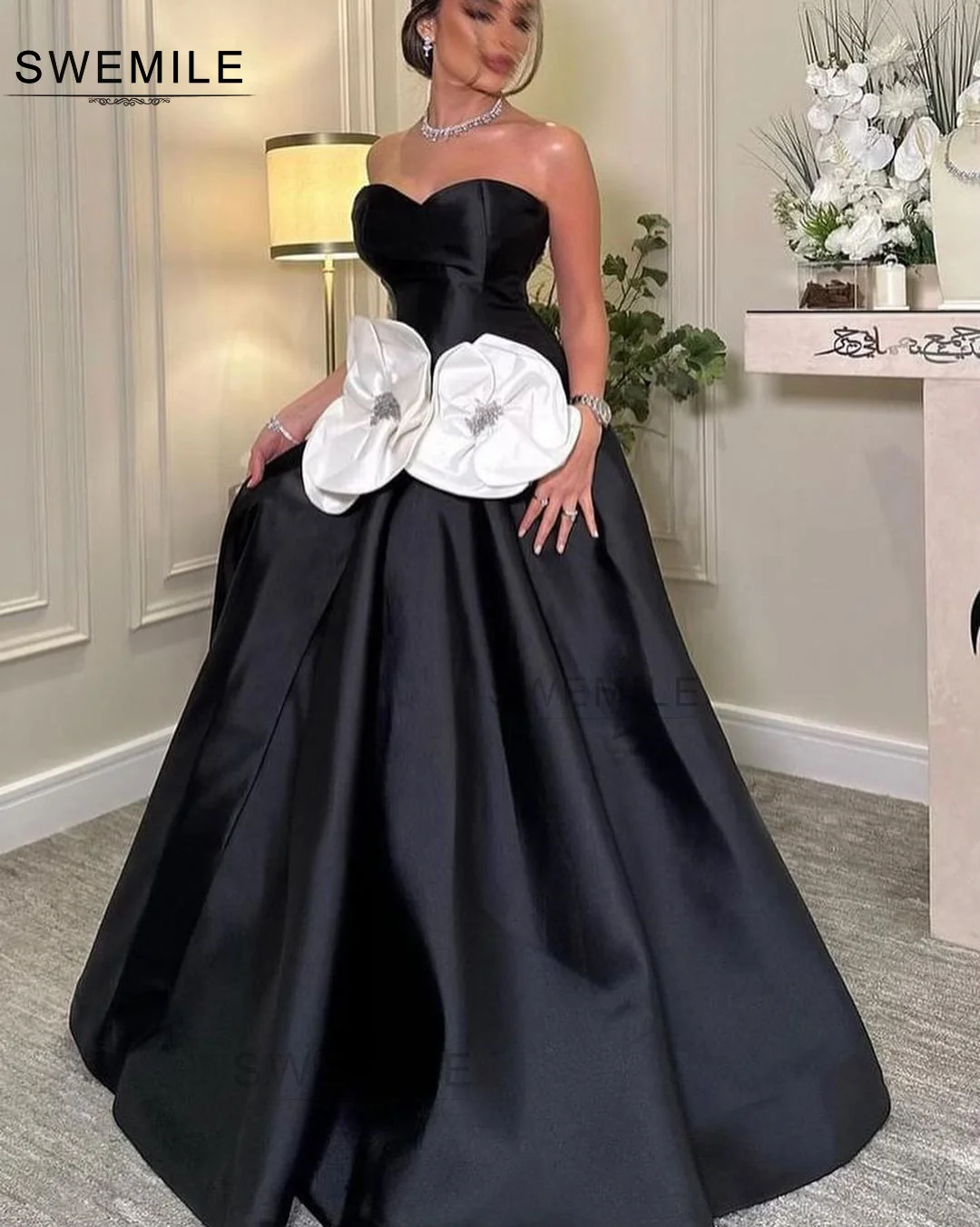 SWEMILE Black Hand-Made Flowers A-Line Floor-Length Satin Zipper Up Elegant Party Dresses For Women 2024 Evening Dress Party