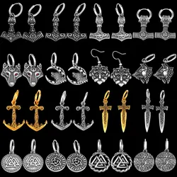 Fashionable Nordic Various Domineering Wolf Head and Thor's Hammer Drop Earrings Men's Charm Stainless Steel Earrings Wholesale