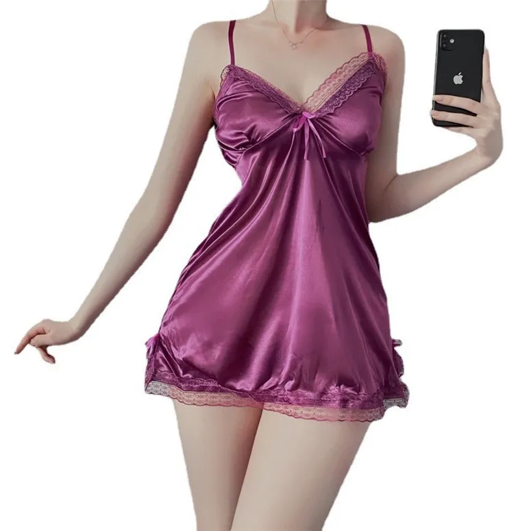 

Новое сексуальное платье-бэбидолл из чистого ледяного шелка, ночная сорочка с кружевными оборками, боковым разрезом, для небольшой груди, на бретельках, без рукавов, пижама