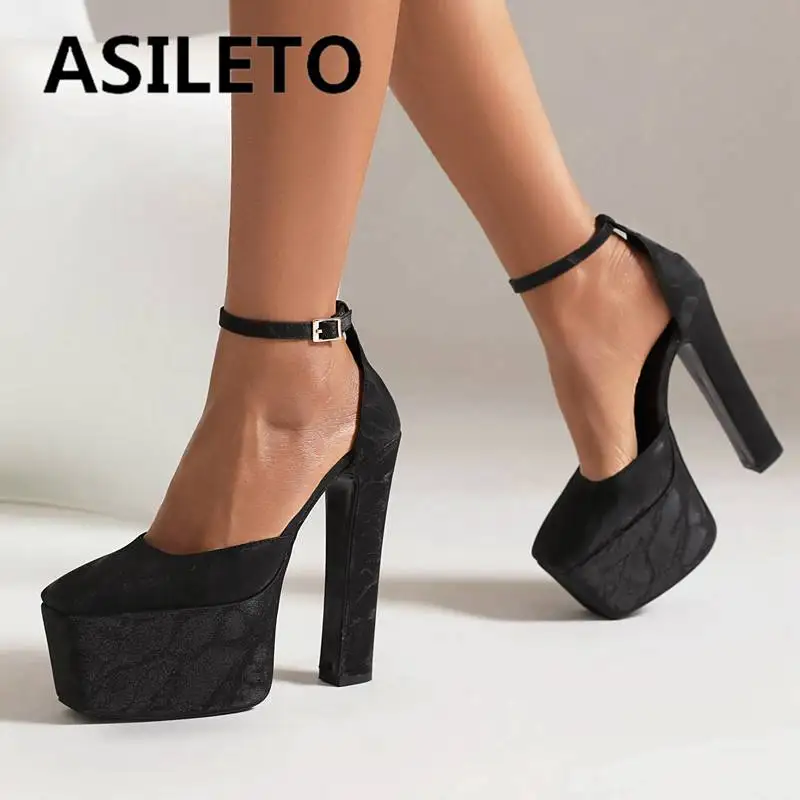 ASILETO Pigskin Frosted Women Pumps Square Toe Block Heel 15.5cm Platform Hill 6cm Buckle Strap Sexy Party Shoe Big Size 43 44