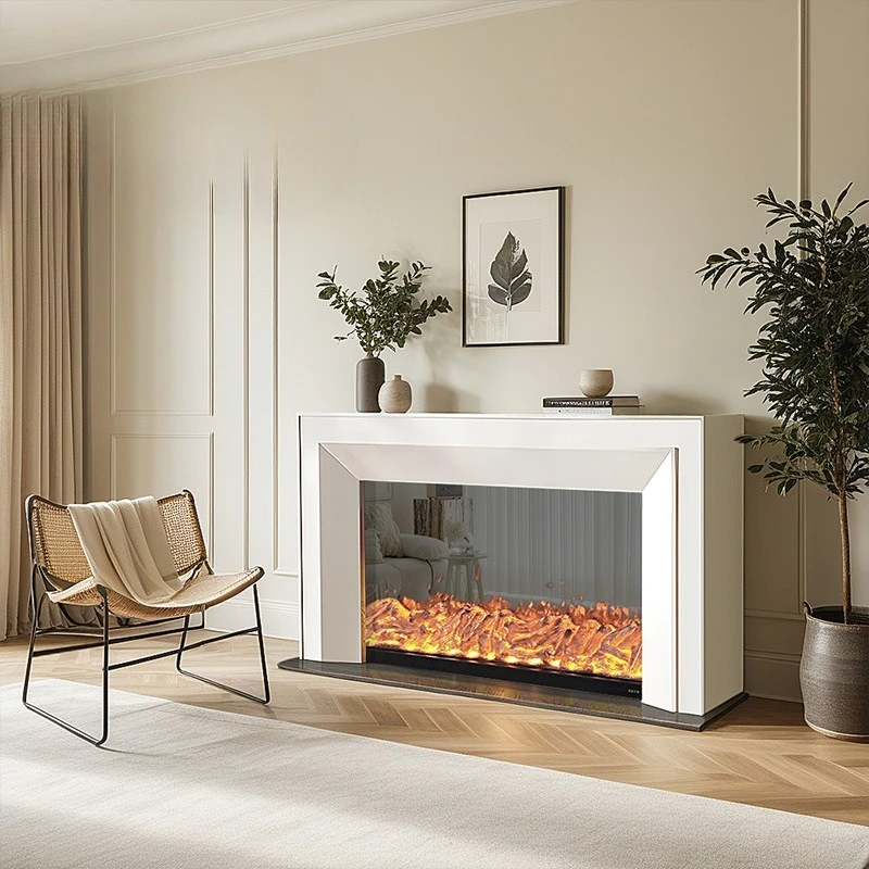 

Fireplace decorative cabinet, simulated flame heating electronic fireplace, cream wind solid wood cabinet in villa living room