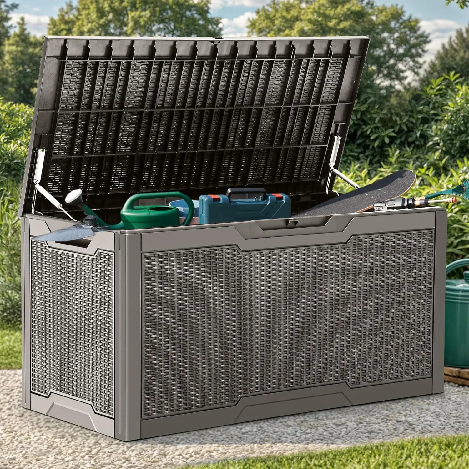 

Большой садовый ящик на 100 галлонов, уличный контейнер из полимерной смолы для садовой мебели, подушек, садовых инструментов, водонепроницаемый и запираемый на замок