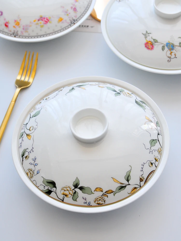 Bone China Deep Rice Plate Soup Plate With Lid Vegetable Deep Plate Tablewera