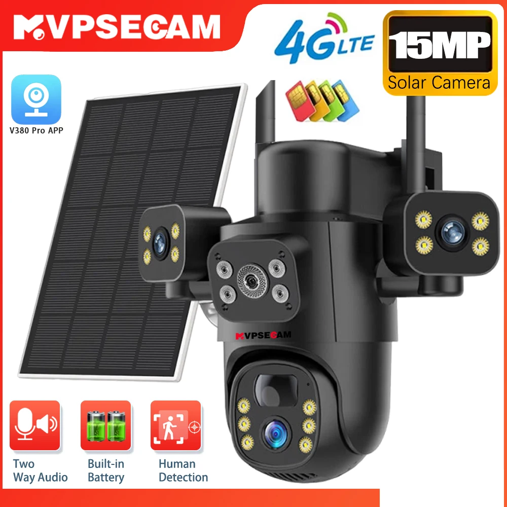 8K 15MP 4G SIM Solar Camera Outdoor 3 Lens 3Screen Surveillance CCTV PTZ PIR Detect Auto Tracking Solar Security Camera V380 Pro