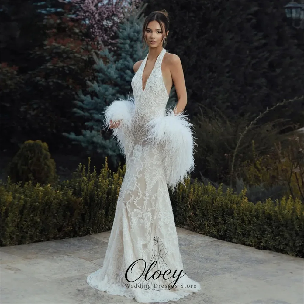 OLOEY Glamorous Halter V‑Neck Lace Applique Mermaid Wedding Dresses For Woman Detachable Feather shawl Bridal Gown Customized