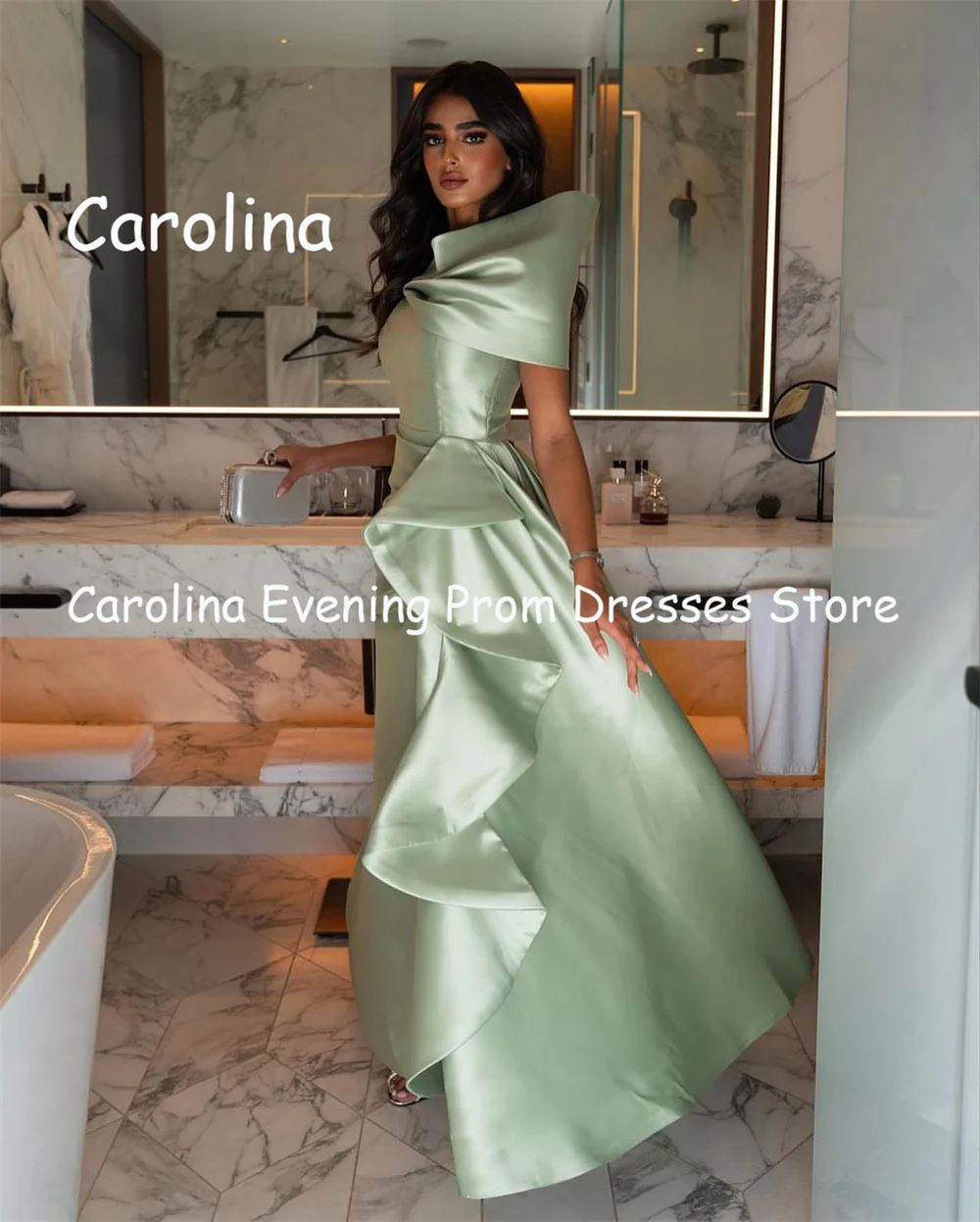 Carolina Satin A-line O-neck Arab Ruffle Prom Gown Floor Length Saudi Evening Formal Elegant Party Dress for Women 2023