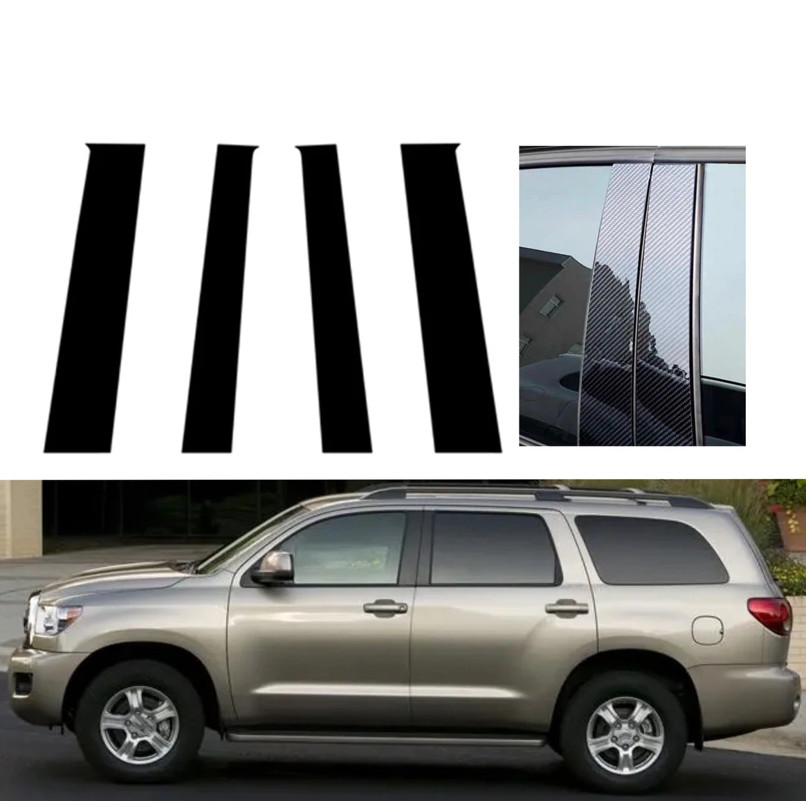 

4Pcs Silver Carbon Gloss Black Pillar Post Door Trim Fit For Toyota Sequoia XK60 2008-2022 2021 2020 Window Sticker Deocr Cover