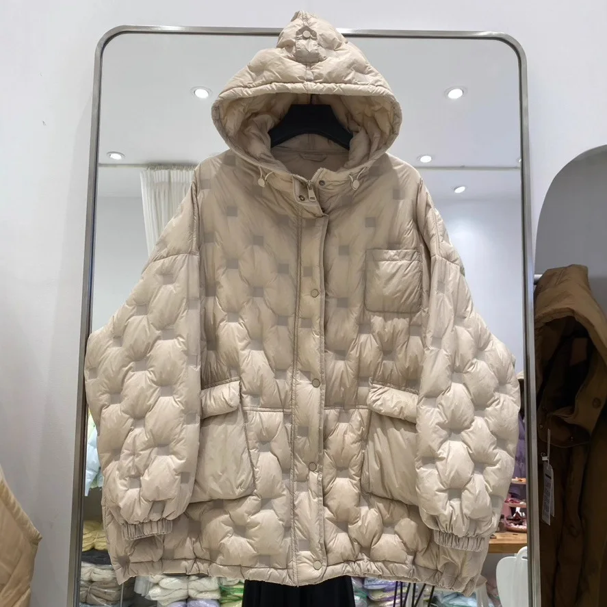 2025 Herfst Winter Pufferjack Met Capuchon Dames Effen Kleur Witte Eendendons Jas Amerikaanse Mode Losse Oversized Warme Uitloper