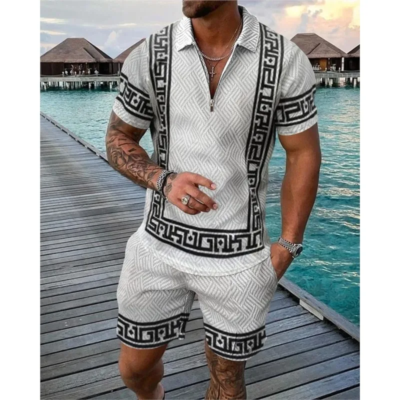 Men's Zipper Collar Polo Shirt And Shorts 2 Piece Set Hawaii Fashion Bohemian Geometric Style 3D Printed Summer Casual Suit