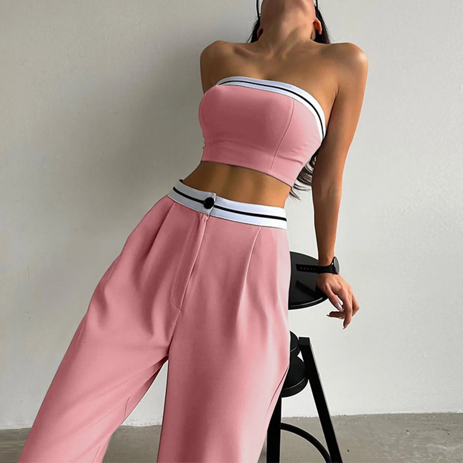 Women\'s Sexy And Fashionable Pants Set Spring/Summer Spicy Girls Sports Tube Tops High Waist Wide Leg 2 Piece Pant Suit S-2xl