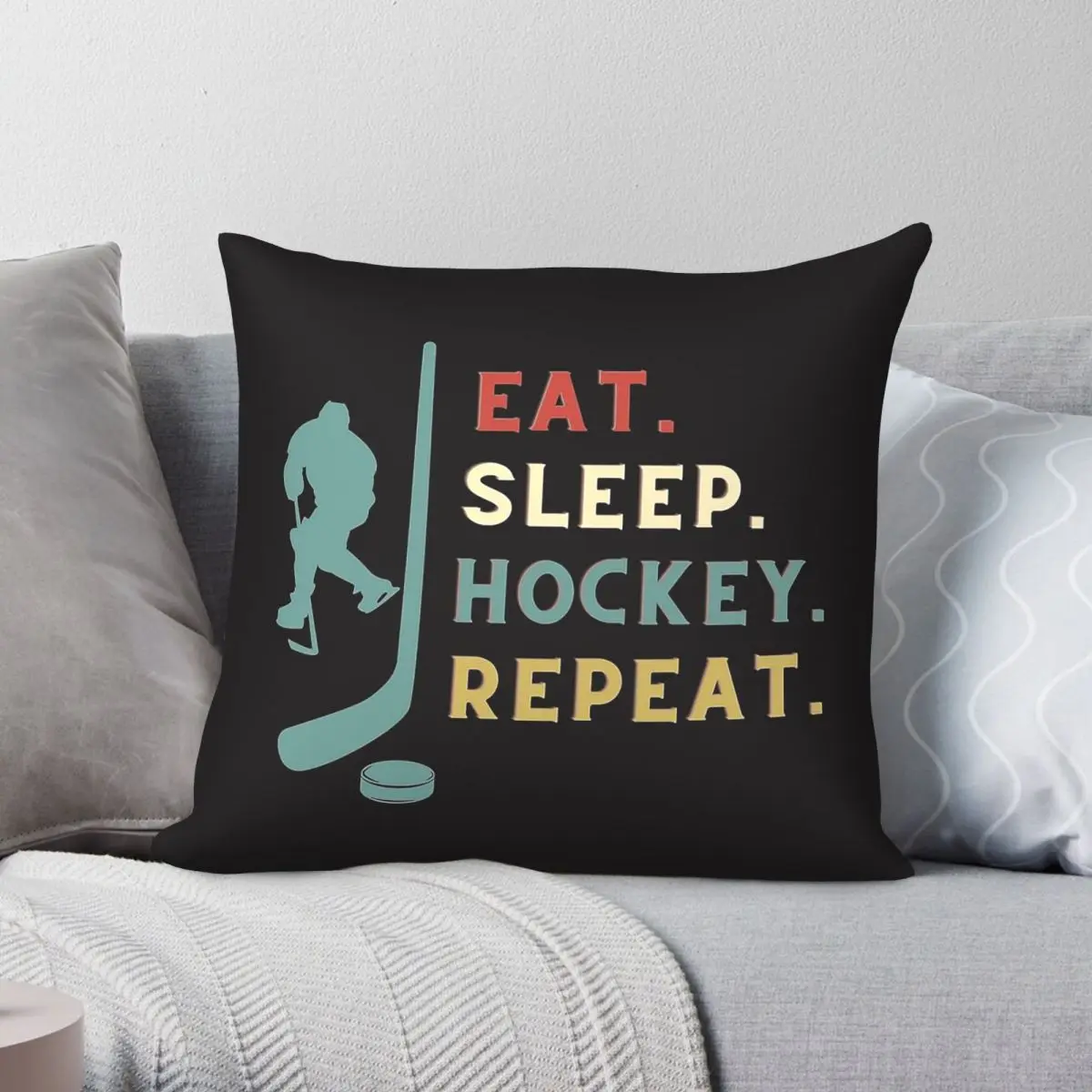Eat Sleep Hockey Repeat Square Pillowcase Polyester Linen Velvet Pattern Zip Decorative Bed Cushion Cover