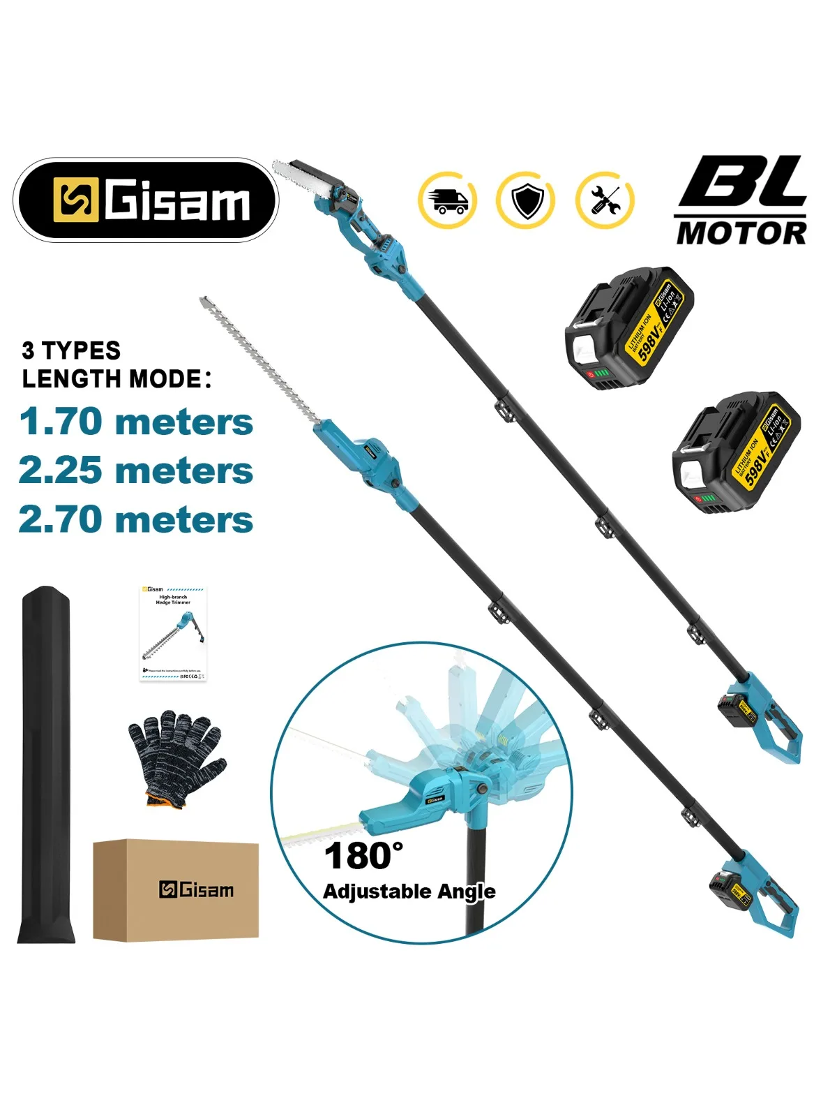 Gisam Bürstenlose Hochastsäge & Heckenschere, Garten-Elektrowerkzeug mit Teleskopstange für Makita 18V Akku