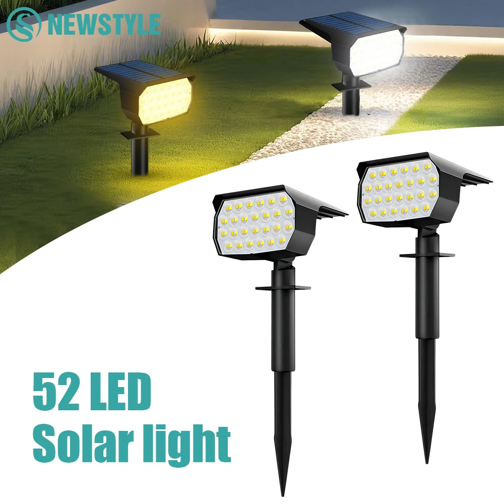 

Солнечные прожекторы для улицы, водонепроницаемые IP65, ландшафтные светильники с 52 светодиодами, 3 режима, на солнечной энергии, для наружных дорожек