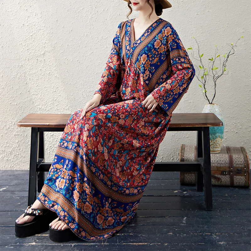 

Женское платье свободного кроя больших размеров Long Sve V-Ne из смеси хлопка, утягивающее платье трапециевидной формы, повседневная одежда, художественная осенняя одежда Dr