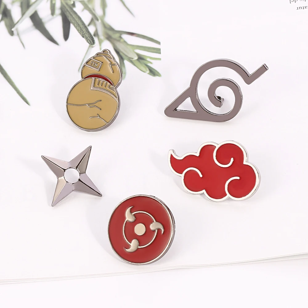 Naruto Akatsuki Brooch Pin Konoha Village Ninja Uzumaki Uchiha Sharingan Shuriken Dart Red Cloud Badge Anime Cosplay Props - view 3