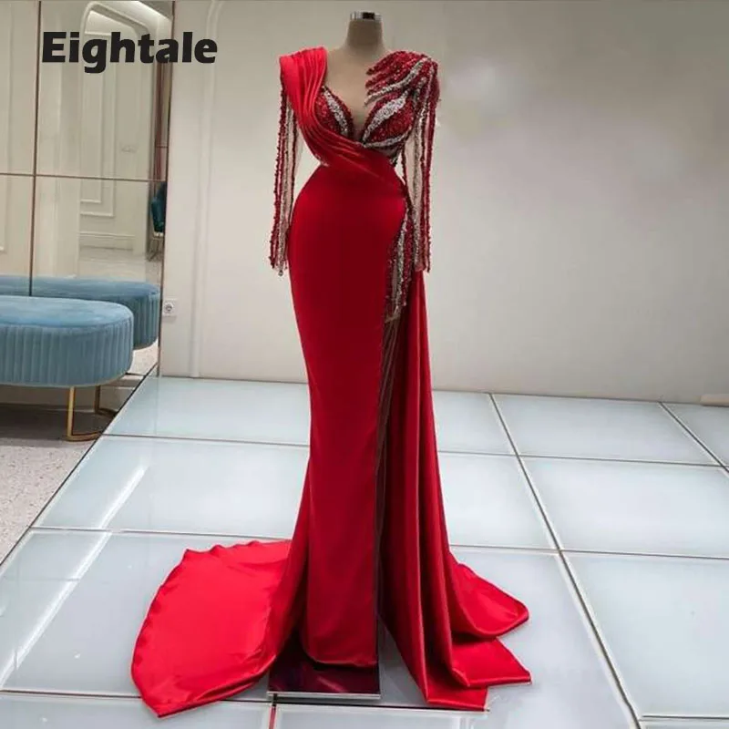 Eightale árabe vestidos de noite com pérolas o pescoço frisado manga longa dubai vestido de baile vermelho sereia cetim celebridade festa vestido