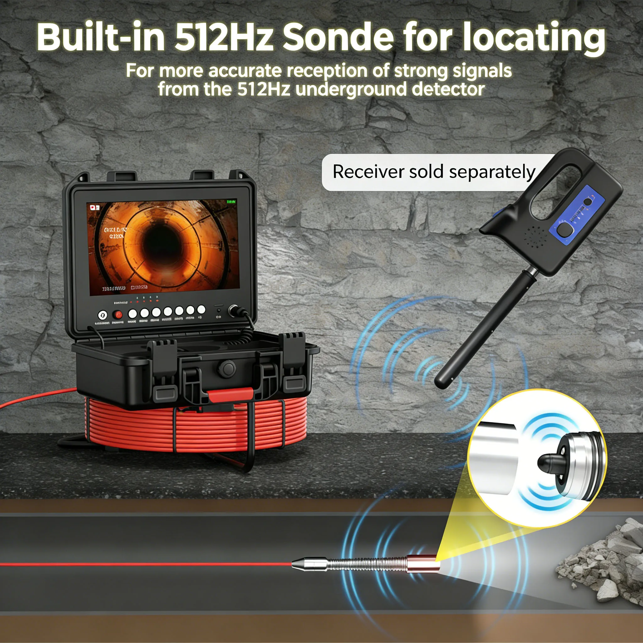 Sewer Inspection Camera -512Hz Self-Leveling Sewer Camera with 17/23mm Probe  , IP68 Waterproof Endoscope Camera with 12 LEDS