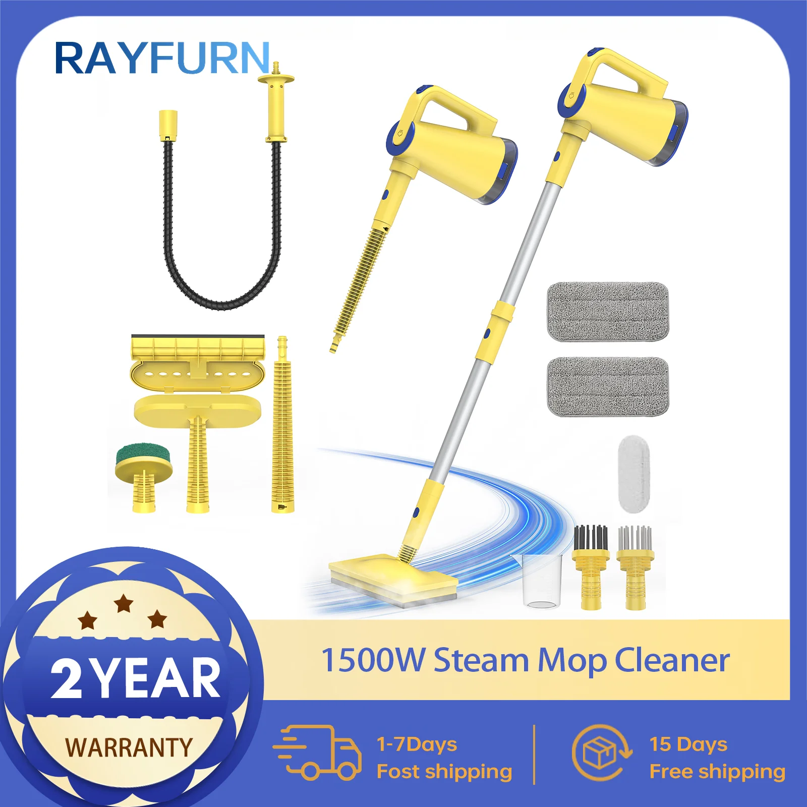 

RAYFURN 1500W 150° Steam Mop Cleaner 7-in-1 Floors Steam Machine, Machine Steam Mop All Floors Accessories Removed, Replace