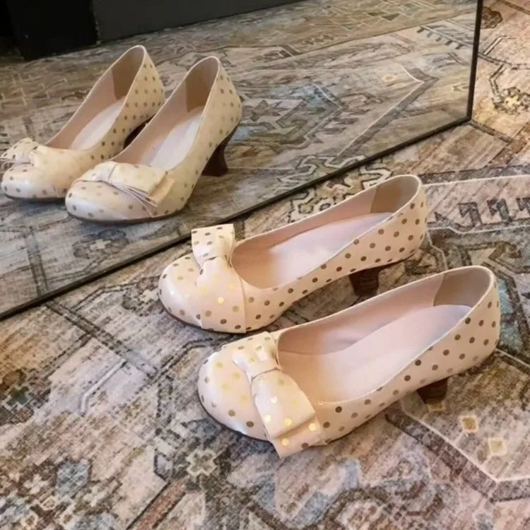 Polka Dot Schleifen-Spitzenschuhe für Damen, mittelhoher Blockabsatz, runder Komfort, vielseitig für Dates